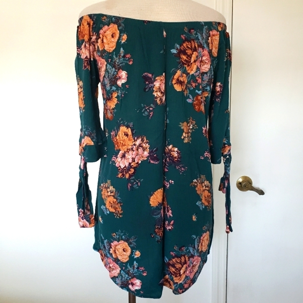 Miley + Molly Off The Shoulder Hunter Green Floral Women's Dress Size L